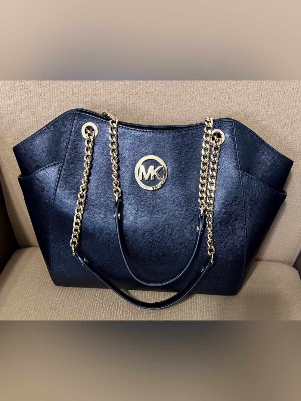 Michael Kors Black Leather Tote with Gold Chain Accents 10H x 11W